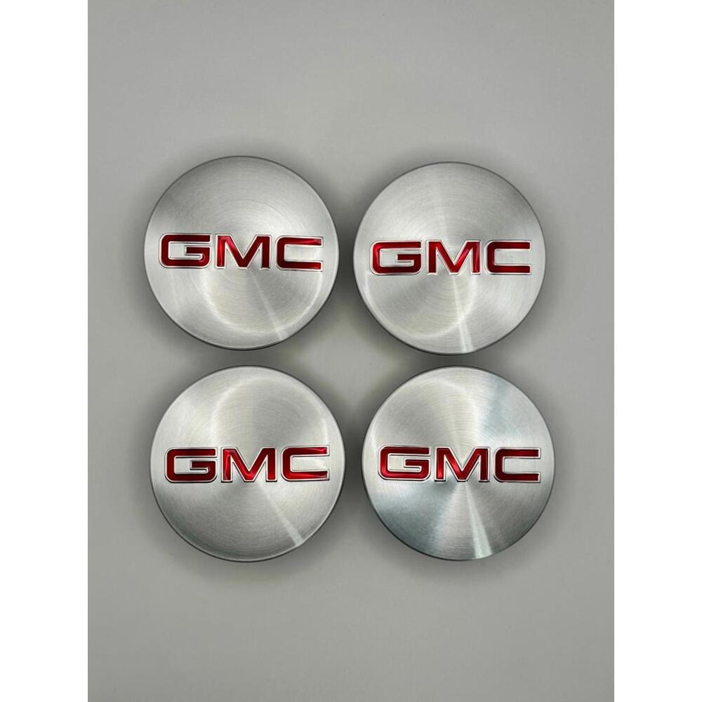 OEM GMC Center Hub Caps Brushed/Silver with Red 83mm Set of 4